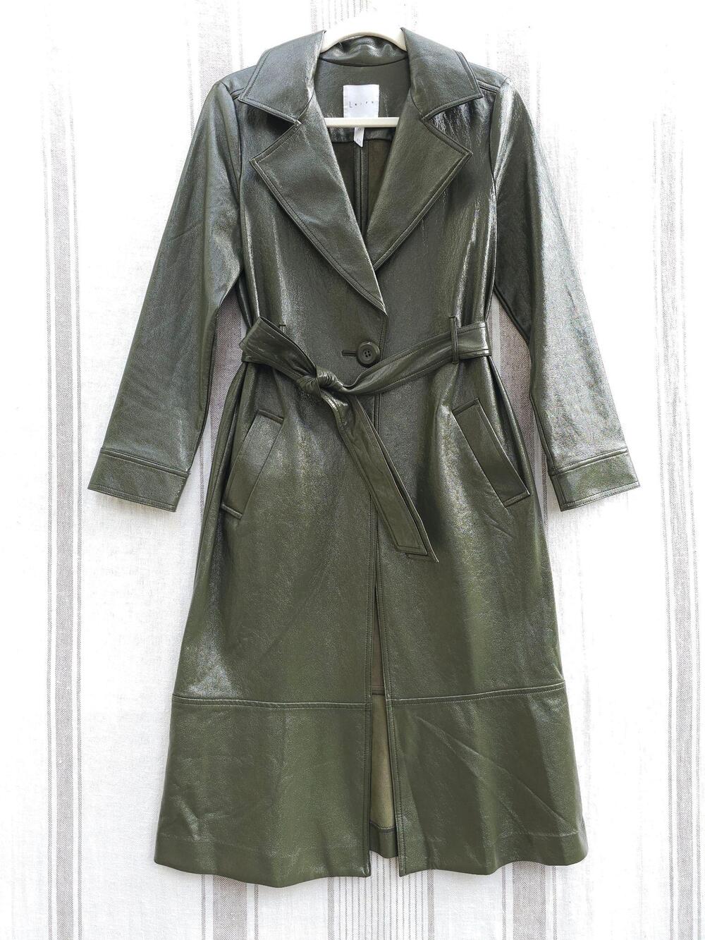 Leith Trench Coat Womens XS Olive Green Faux Patent Leather Belted Long Jacket
